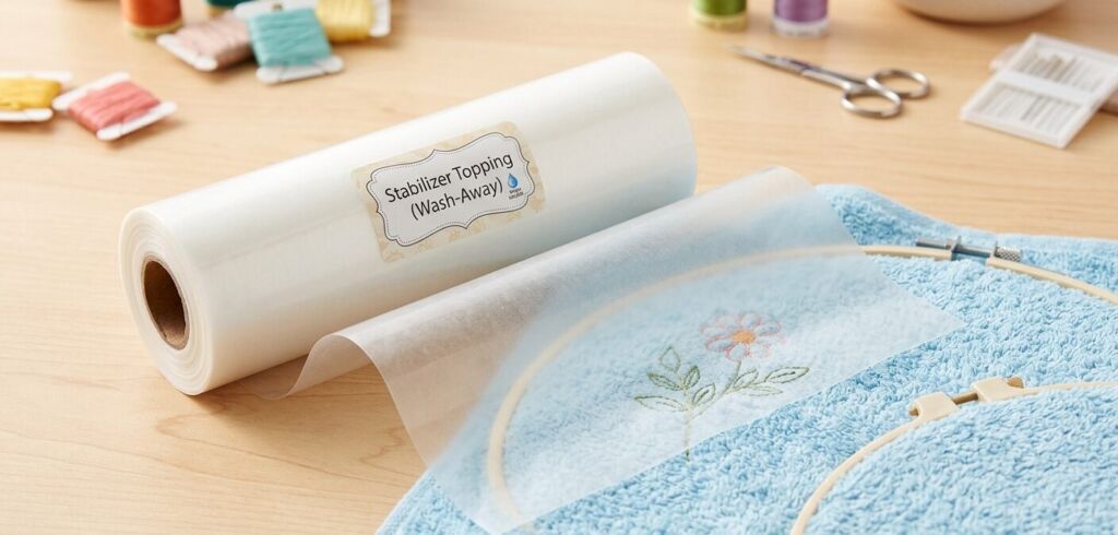 A photograph showcasing a roll of translucent, wash-away stabilizer topping film, specially designed for machine embroidery. The clear film, labeled with "Stabilizer Topping (Wash-Away)," is partially unrolled and drapes over a blue terrycloth towel held in a round, wooden embroidery hoop. A simple, partially stitched embroidery design of a small flower with green leaves is visible beneath the film, demonstrating how it prevents stitches from sinking into plush fabrics. The setting is a clean, wooden crafting table with other sewing supplies, including colorful thread spools, a pair of small crafting scissors, and needles, blurred in the background.