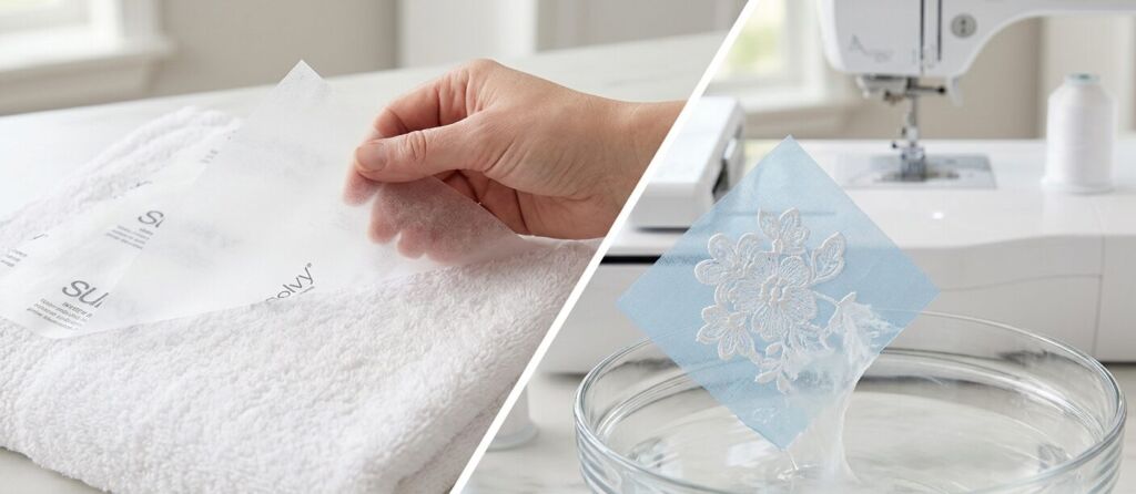 A split-screen comparison showing a hand applying Sulky Solvy water soluble topping to a white towel and an embroidery design being submerged in a bowl of water to dissolve the stabilizer.